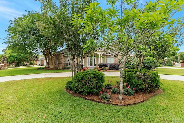 view of front of house with brick siding, french doors, and a front lawn