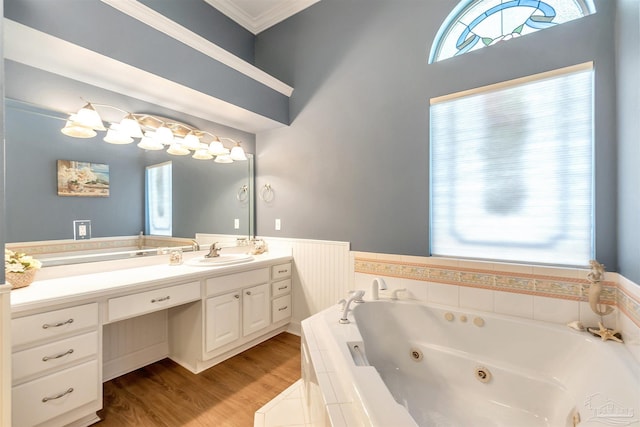 bathroom featuring wood finished floors, vanity, ornamental molding, a tub with jets, and wainscoting
