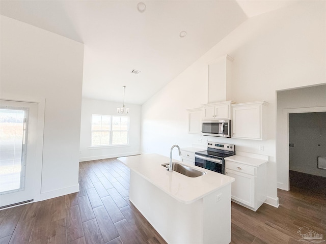 kitchen with dark wood-type flooring, a center island with sink, white cabinets, sink, and appliances with stainless steel finishes