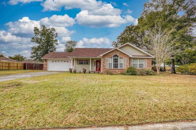 ranch-style home featuring a front lawn and a garage