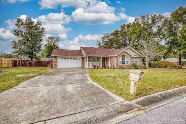 single story home featuring a front lawn and a garage