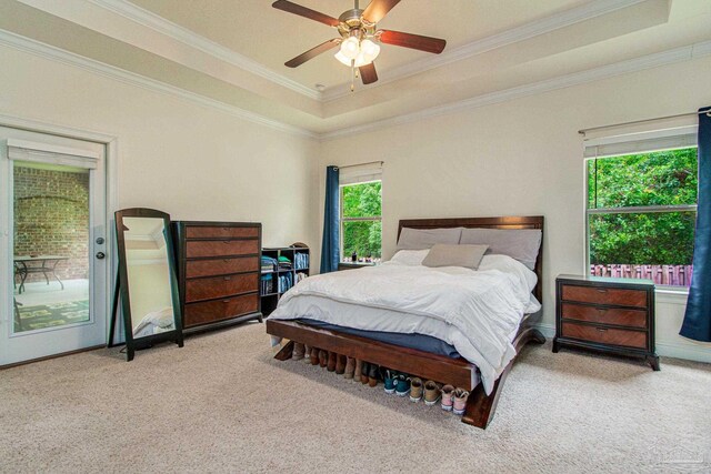 bedroom featuring multiple windows, ceiling fan, and a raised ceiling