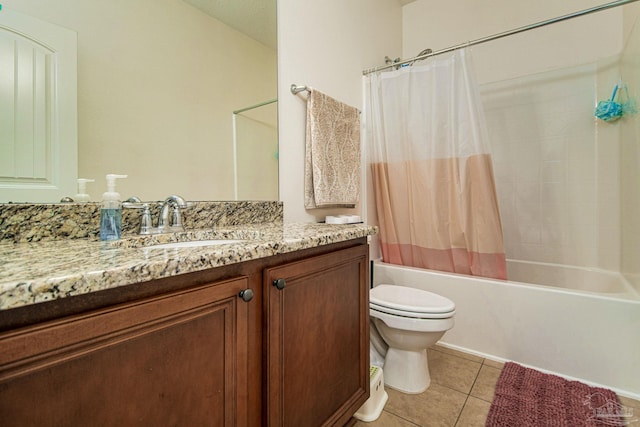 full bathroom featuring vanity, shower / tub combo, tile patterned flooring, and toilet