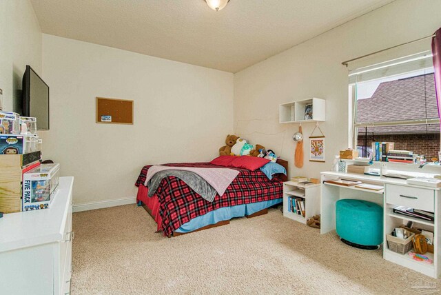 bedroom featuring light colored carpet