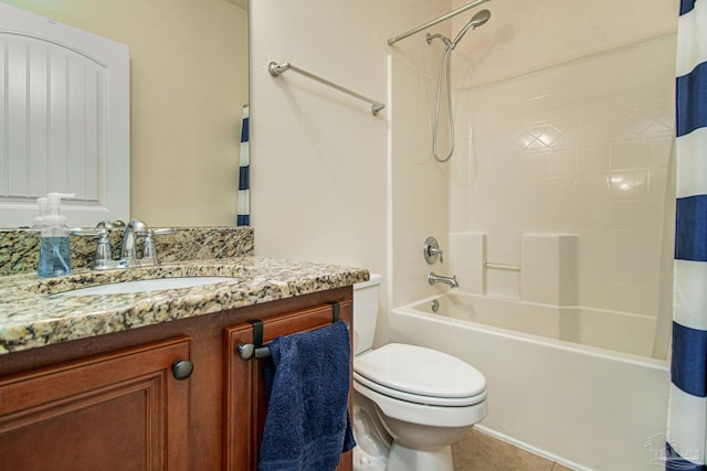 full bathroom with vanity, shower / bathtub combination with curtain, tile patterned flooring, and toilet