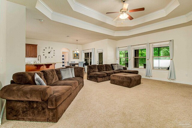 carpeted living room with a raised ceiling, crown molding, sink, and ceiling fan