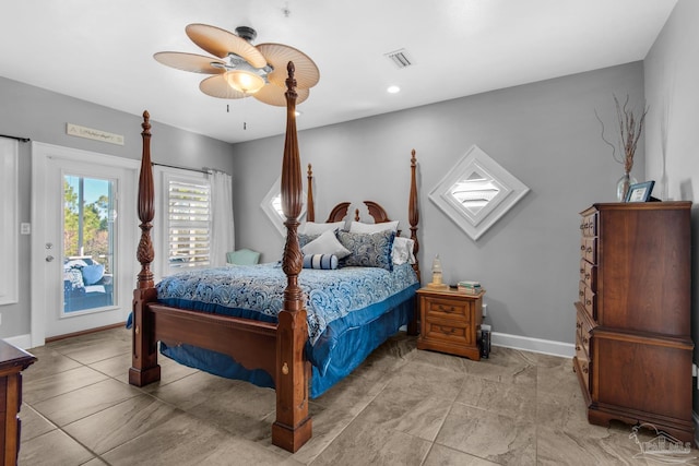 bedroom featuring ceiling fan, access to outside, and light tile patterned flooring