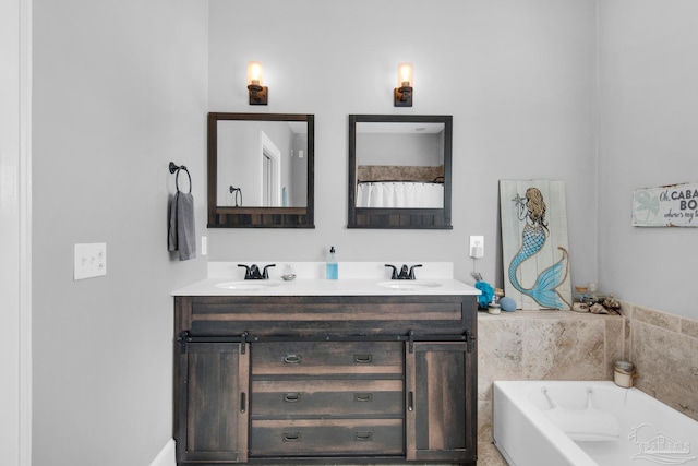 bathroom featuring separate shower and tub and vanity