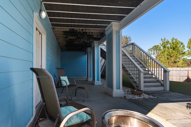 view of patio / terrace featuring a fire pit