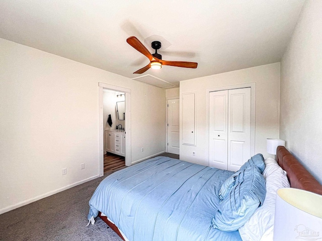4718 Huron Dr, Pensacola, FL 32507 - bedroom featuring baseboards, a closet, ceiling fan, dark colored carpet, and connected bathroom