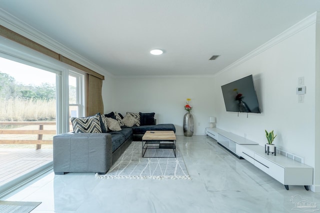 living room featuring crown molding