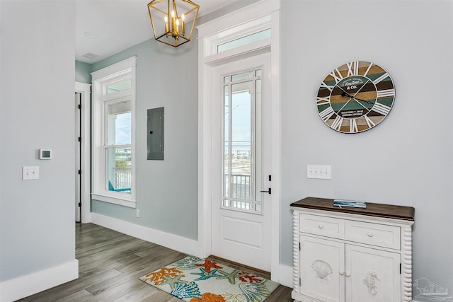 entrance foyer featuring a chandelier, electric panel, baseboards, and wood finished floors