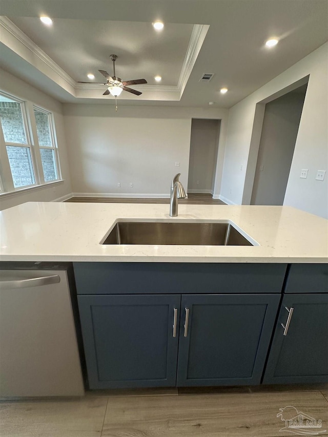 1644 Slate Dr, Cantonment, FL 32533 - kitchen featuring dishwasher, a sink, ornamental molding, gray cabinets, and a tray ceiling