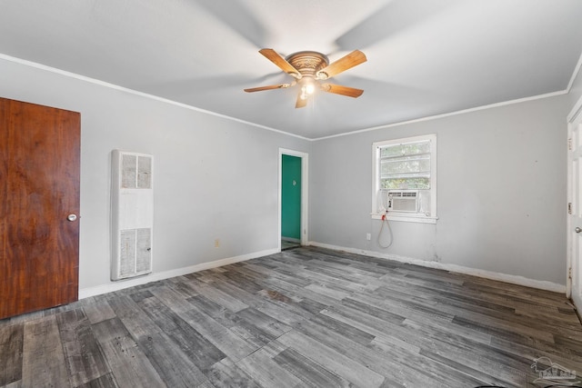 empty room with ceiling fan, cooling unit, wood-type flooring, and ornamental molding