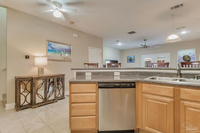 kitchen with dishwasher, light brown cabinets, french doors, sink, and light tile patterned floors