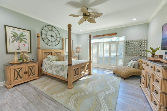 bedroom with ceiling fan, recessed lighting, ornamental molding, and light wood-type flooring