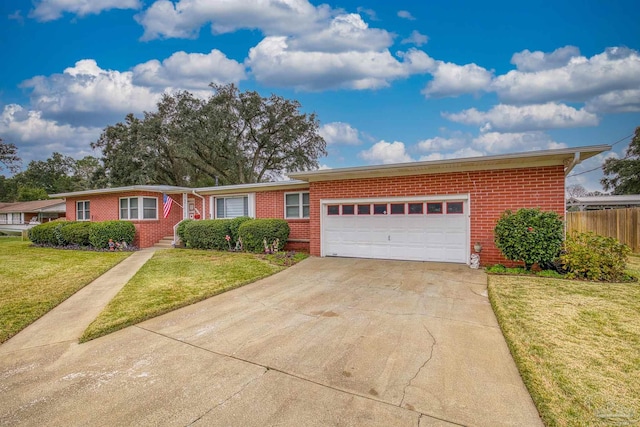 single story home featuring a front yard and a garage