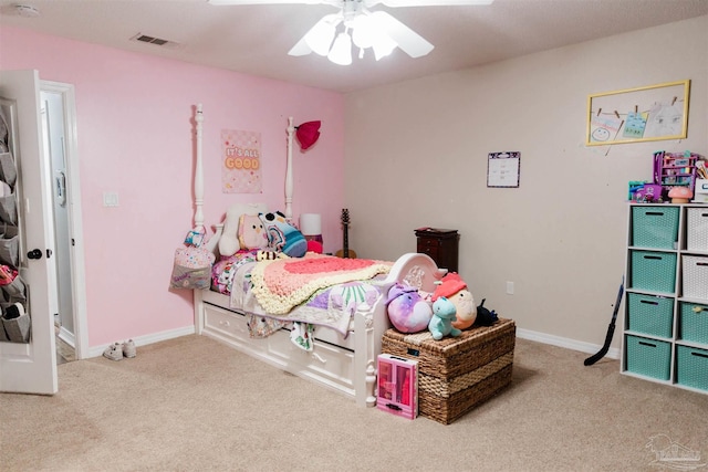 bedroom featuring ceiling fan and carpet flooring