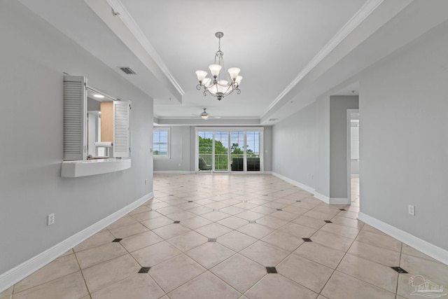 1700 Scenic Hwy Unit 404, Pensacola, FL 32503 - empty room featuring a chandelier, a raised ceiling, light tile patterned flooring, ceiling fan, and crown molding