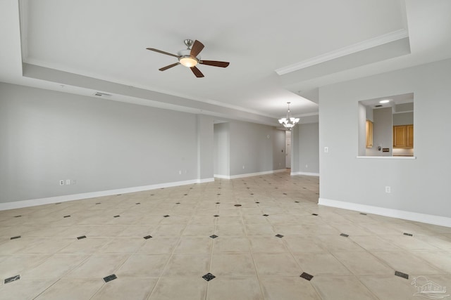 1700 Scenic Hwy Unit 404, Pensacola, FL 32503 - empty room with a tray ceiling, ceiling fan, ornamental molding, a chandelier, and baseboards
