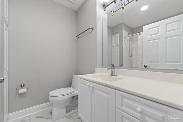 1700 Scenic Hwy Unit 404, Pensacola, FL 32503 - bathroom featuring marble finish floors, vanity, baseboards, toilet, and a shower with shower curtain