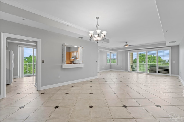1700 Scenic Hwy Unit 404, Pensacola, FL 32503 - unfurnished living room featuring a chandelier, baseboards, a tray ceiling, and crown molding