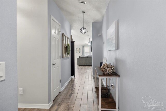 corridor with lofted ceiling and light hardwood / wood-style floors