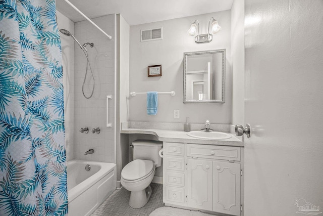 full bathroom with visible vents, toilet, shower / bath combo, vanity, and tile patterned flooring