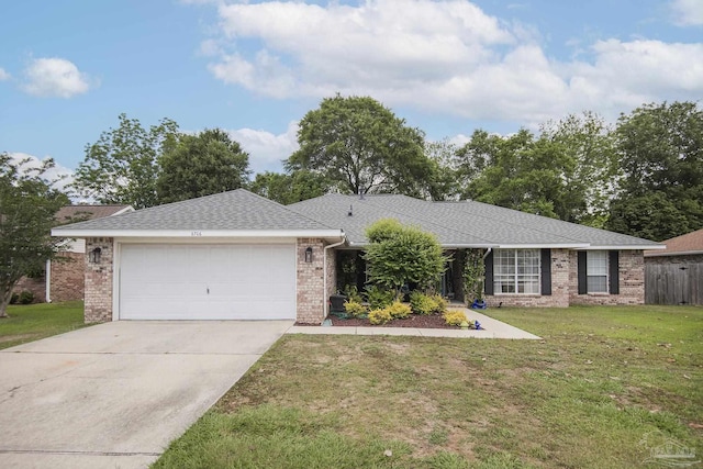 ranch-style home with driveway, a front yard, a garage, brick siding, and fence