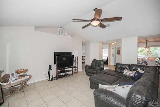 living room featuring light tile patterned flooring, ceiling fan, high vaulted ceiling, baseboards, and visible vents
