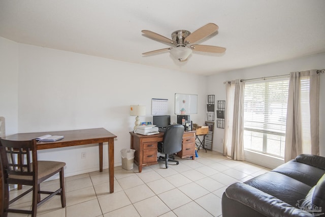 office area featuring ceiling fan and light tile patterned floors