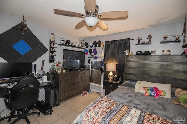 bedroom with light tile patterned flooring and ceiling fan