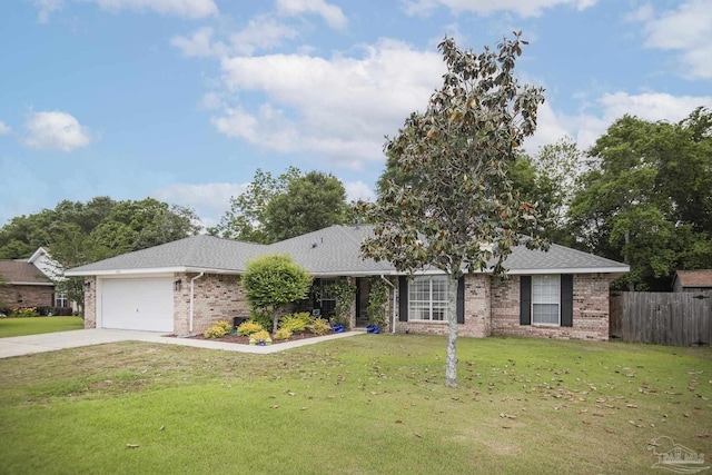 ranch-style house featuring fence, a front lawn, brick siding, a garage, and concrete driveway