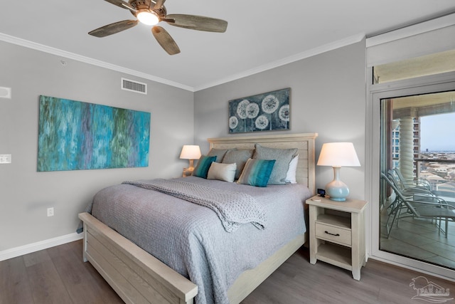 bedroom featuring access to exterior, dark wood-type flooring, ornamental molding, and ceiling fan