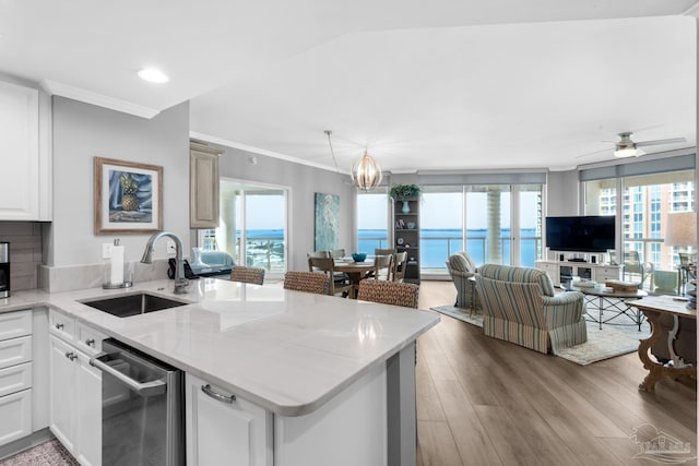 kitchen featuring sink, kitchen peninsula, white cabinets, and dishwasher