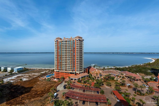 drone / aerial view with a water view