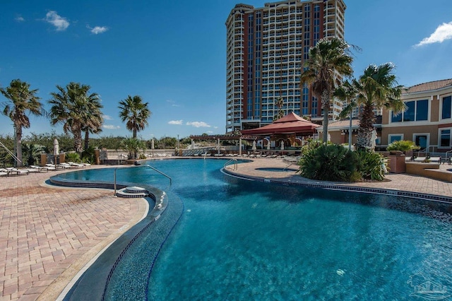 view of pool with a gazebo and a patio area