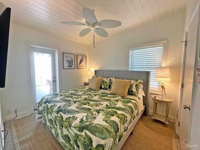1207 Ariola Dr, Pensacola Beach, FL 32561 - bedroom featuring wood ceiling, carpet floors, and ceiling fan
