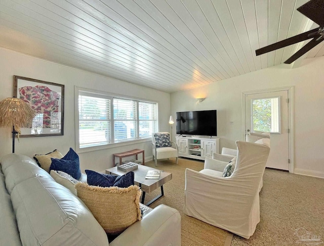 1207 Ariola Dr, Pensacola Beach, FL 32561 - living room with wooden ceiling, light colored carpet, ceiling fan, and baseboards