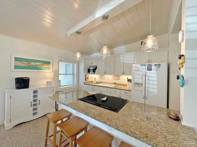 1207 Ariola Dr, Pensacola Beach, FL 32561 - kitchen featuring white appliances, a sink, white cabinets, a kitchen bar, and wooden ceiling