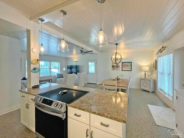 1207 Ariola Dr, Pensacola Beach, FL 32561 - kitchen with stainless steel electric range, wooden ceiling, carpet floors, stone counters, and white cabinetry