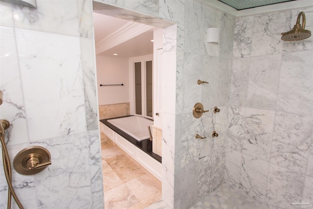 bathroom featuring a tile shower, crown molding, and tile walls