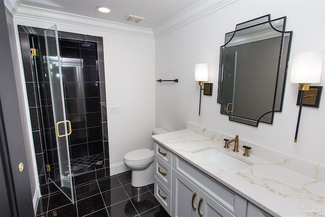 bathroom with toilet, ornamental molding, vanity, an enclosed shower, and tile patterned flooring