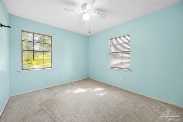 empty room featuring carpet flooring, ceiling fan, and a textured ceiling