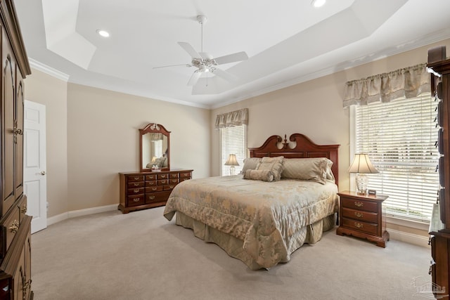 bedroom featuring light carpet and a raised ceiling