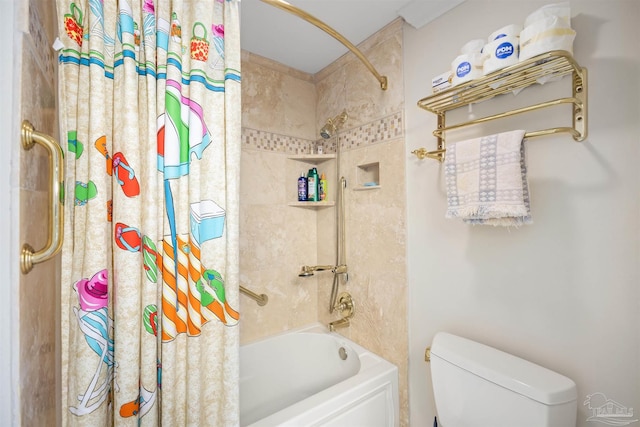 bathroom featuring toilet and shower / bathtub combination with curtain