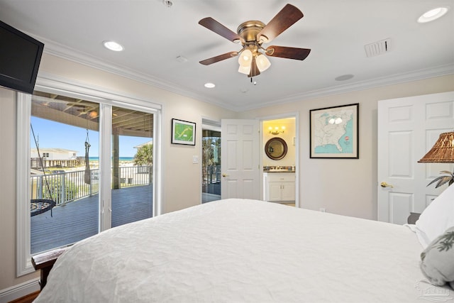 bedroom with access to outside, ceiling fan, ensuite bathroom, and ornamental molding