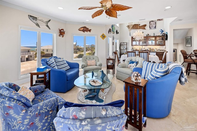 living room featuring ceiling fan and crown molding