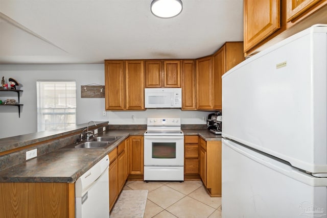 kitchen featuring kitchen peninsula, white appliances, light tile patterned flooring, and sink