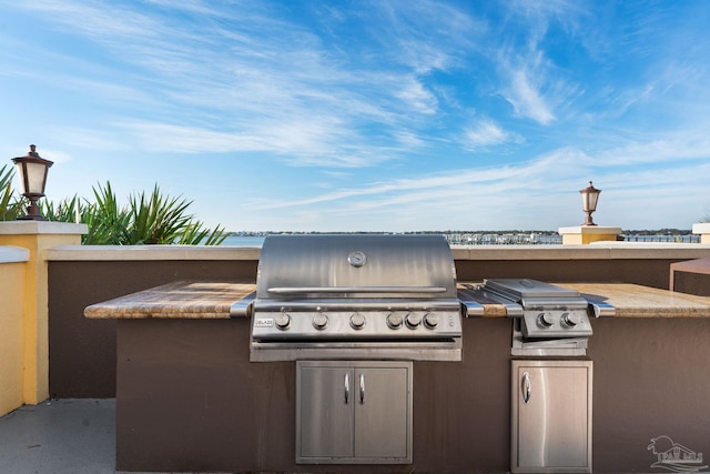 view of patio / terrace with area for grilling and a water view